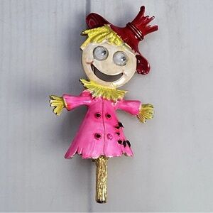 Vintage Lind Gal LG Scarecrow Brooch Pin Figural Enamel Jewelry Google Eyes Pink